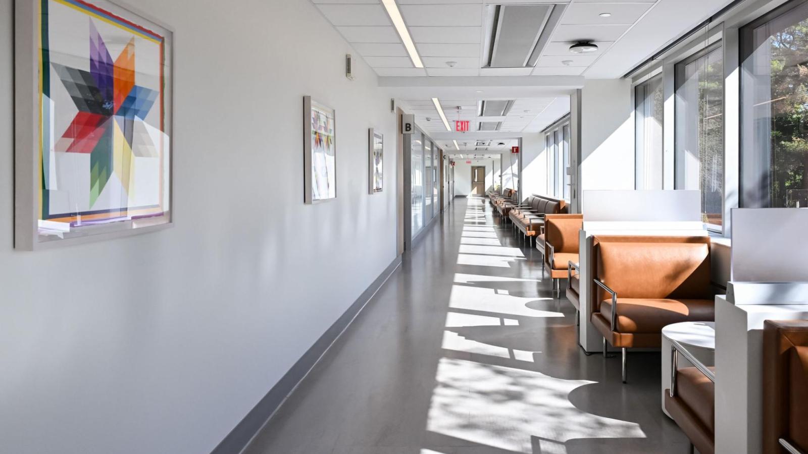 Medical center hallway with waiting area