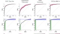Multi-panel ROC curves comparing model performance across four datasets (NYU, Jagiellonian, Duke, TCGA-BRCA), showing high true positive rates at low false positive rates, with confidence bands and highlighted operating regions.